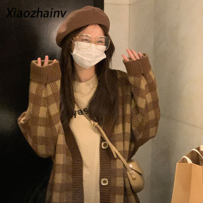 Xiaozhainv เกาหลีหลวมลายสก๊อตถักคาร์ดิแกนเสื้อกันหนาวเสื้อสำหรับผู้หญิง