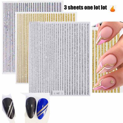 Mix 3 Sheets Silver Gold Lines Stripe 3D Nail Sticker Waved Star Self Adhesive Slider Papers Nail Art Transfer Stickers Chrome Trim Accessories