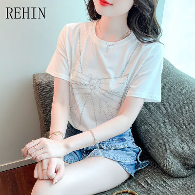REHIN เสื้อยืดแขนสั้นสำหรับผู้หญิง,เสื้อยืดคอกลมแขนสั้นผ้าคอตตอนประดับโบว์ทรงหลวมสำหรับสไตล์เกาหลีแบบใหม่ฤดูร้อน