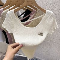 ✚◑◊ Niche Summer Thin Short Style Hot Girl Top Square Neck Ice Silk Knit Sleeve T-Shirt Women