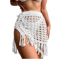 FN946N Sexy Mesh Skirts Hollow Out Tassel Hem Bikini Cover Up Skirt Soft Crochet Mini Beach Skirt See Through Drawstring Side