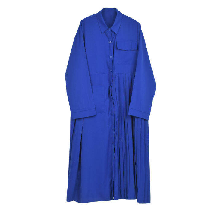 xitao-dress-solid-color-asymmetrical-long-sleeve-pleated-shirt-dress