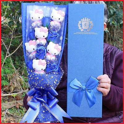Kawaii Sanrio 6ตุ๊กตาและ6สบู่รูปทรงดอกไม้กล่องของขวัญการ์ตูนวันวาเลนไทน์ช่อดอกไม้เทศกาลเพื่อนแปลกใจของขวัญสาว