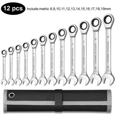 Hand Tools for Car Repair Keys Set Combination Ratchet Wrench Set, Professional Metric Ratchet Spanners Set with Canvas Bag