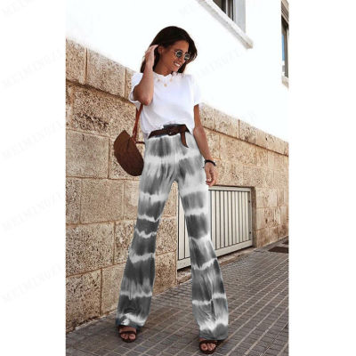 Meimingzi กางเกงขาบานผู้หญิงทรงหลวมกางเกงขายาวพิมพ์ลายหลากสีช่วงฤดูร้อนกางเกงขาบานทรงหลวม