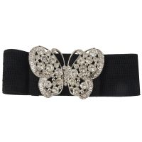 Women Rhinestones Accent Butterfly Hook Buckle Black Elastic Cinch Waist Belt