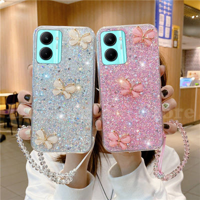 เคสซิลิโคนนิ่ม5G Y78 Y27รูปผีเสื้อน่ารักเคสใส่โทรศัพท์ Y36 VIVO ฝาหลังเป็นประกาย VIVOY36หรูหรา5G มีสายคล้องมือ Vivo Y27 5G