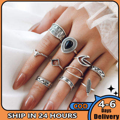 แหวนแฟชั่นชุดแหวนอัญมณีสีดำอัลลอยรูปทรงเรขาคณิต10ชิ้น,เครื่องประดับอัญมณีแหวนทรงเรขาคณิตสำหรับเป็นของขวัญสำหรับผู้หญิง