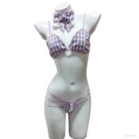 Women Body Lingerie Sweet Plaid Three-point Suits Gathered Bikini Cosplay Costume Erotic Lingerie Uniform Temptation