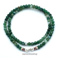 STONE NECKLACE สร้อยคอหินแท้ หินอาเกตสีเขียว green agate ขนาด 5 มม. ตะขอเงินลงยา by siamonlineshop