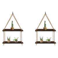 2X Hanging Shelves for Wall, 2 Tier Antique Wood Floating Hanging Shelf with Handmade Twine Weaving Process, for Bedroom