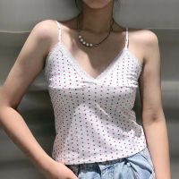[TIN Household Products] เสื้อกล้ามลูกไม้สีขาวสำหรับผู้หญิงเสื้อครอป2022สายเดี่ยวคอวีแนววินเทจสำหรับฤดูใบไม้ผลิเสื้อครอป Y2K สีแดงน่ารัก