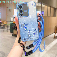 L &amp; F V23Pro V23เคสสำหรับ Vivo V23E Y75 Y55 Y30 T1 Y76 Y21 Y21S Y21T Y53 Y33S กันกระแทกลายดอกไม้ Y32 Y21E T1 (5กรัม) เคสครอบโทรศัพท์เคลือบผิวด้วยไฟฟ้าไล่ระดับสีกุหลาบ