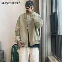 MAYCHEER  ใหม่เสื้อแจ็คเก็ตสีทึบเบสบอลแขนยาวปกเสื้อคลุมใส่ได้ทุกเพศแฟชั่นของผู้ชายอารมณ์