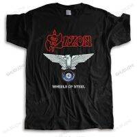 【Mens clothing】เสื้อยืดผ้าฝ้ายผู้ชายฤดูร้อนหลวม Cool Tees Saxon ล้อของ WHEELSSTEELBlack O คอ Teeplus ขนาด