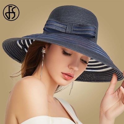 FS  Straw Wide Brim Hat For Women Bowknot White Black Floppy Foldable Beach Hats Female Ladies Spring Sun Visor Caps