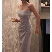 【HOT】 2023 celebrity high-end sense royal sister design pleated satin acetate suspender dress waist long summer women