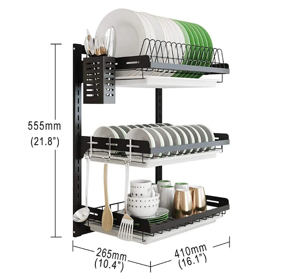 junyuan Hanging Dish Drying Rack Wall Mount,Dish Racks Drainer,3 Tier  Kitchen Plate Organizer Storage Shelf with Drain Tray with 3  Hooks,Stainless