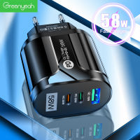 Greenyeah 58W เครื่องชาร์จ USB PD USB Type C ชาร์จเร็ว QC3.0 Type C ชาร์จเร็วสำหรับ iPhone MacBook Samsung Xiaomi Type C ที่ชาร์จแบตเตอรี่โทรศัพท์ชาร์จเร็ว