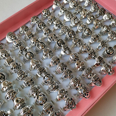 50Pcs Bulk Wholesale Ring Lots Skull Rings For Female Lady Man Skeleton Vintage Gothic Jewelry Biker Punk Ring Celebration Party