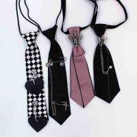 ✌ Punk Black Necktie Gothic Metal Chain Crystal Pendant Jewelry Bowtie Evening Adjustable Pre-Tied JK Shirt Decoration Bow Tie