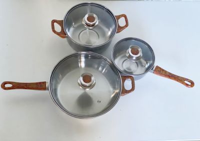 Stainless Steel Cookware Set Kitchen Pots and Pans Milk Pot Frying Pan Handle Wood Pattern
