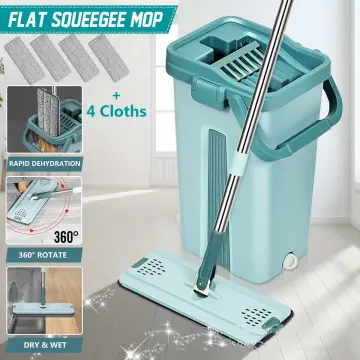 NEW! Hand-Free Flat Squeegee Mop and Bucket Wringing Floor Cleaner Easy  Self Cleaning Dry Wet Dual Use with 2PCS Washable Mop Pads