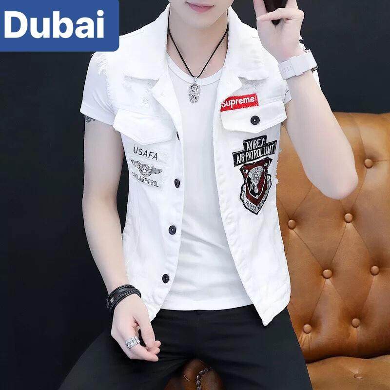 ÁO KHOÁC JEAN NAM CHẤT BÒ TRẮNG ĐEN TAY NGẮN MẶT BÁO HOT TREND - DUBAI FASHION