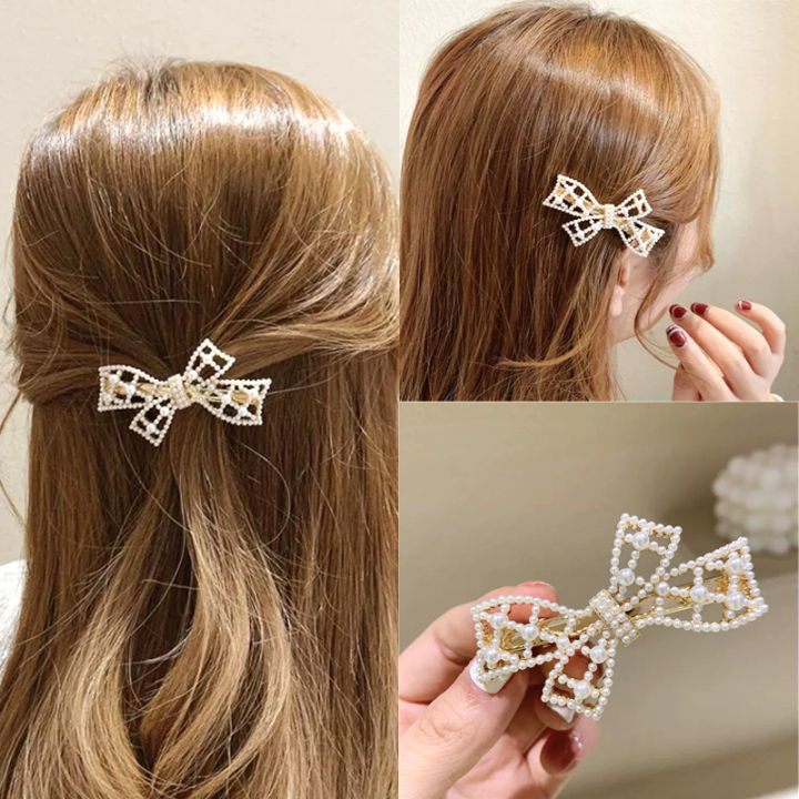Korean Sweet Girl Hair Accessories Cross Bow Hollow Pearl Hair Clip Side  Clip 