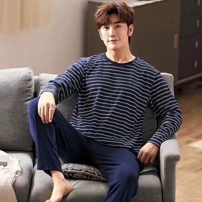 New Arrival Pajamas Mens Cotton Long-sleeved Striped Spring and Autumn Mens Teen Winter Homewear 2-Piece Suit