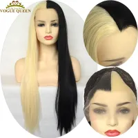 Voguequeen Straight Half Blonde Half Black Synthetic Lace Front Wigs For Women Two Tone Long Cosplay Wig Heat Resistant Fiber Wig  Hair Extensions Pad