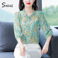 SNUG เสื้อชีฟองลำลองระดับไฮเอนด์สำหรับผู้หญิง2023ฤดูร้อนใหม่สไตล์ต่างประเทศแฟชั่นลดวัย Baju Atasan Trendy คลุมหน้าท้องดูบางและเสื้อเชิ้ตตัวเล็กอารมณ์