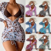 New Mesh Three-pieces Female Printed Bikini Set Long Sleeves Dress Triangle Swimsuit Female Summer Beachwear Bathing Suit Pullover Sunscreen Blouse Swimsuit