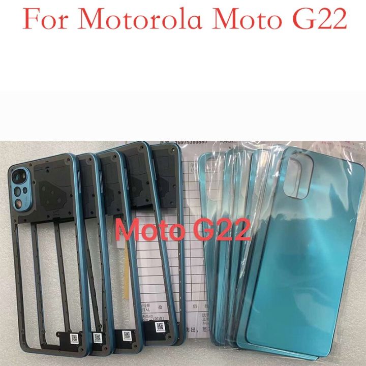 1PS สำหรับ Motorola Moto G22ฝาครอบแบตเตอรี่หลังด้านหลังครอบคลุมกรณีที่อยู่อาศัยซ่อมหน้าจอเฟรมหน้าฝาโครงส่วนกลางอะไหล่ LHG3765 P