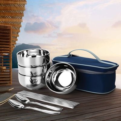 Picnic Tourist Set Outdoor Stainless Steel Tableware Camping Cutlery Chopsticks Spoon Bowls Bag Dinnerware Travel Tools