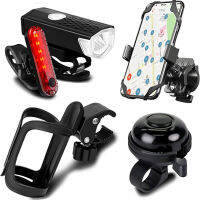 5pcs Bike USB Rechargeable Front Tail Light Set +Water Bottle Holder Cage +Silicone Bike Phone Holder +Aluminum Bike Horn Bell