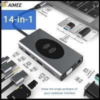 AIMEE 14ใน1 ตัวแยกสัญญาณ เครื่องอ่านการ์ด 4K HDMI VGA แท่นวางอุปกรณ์ การชาร์จแบบไร้สาย ฮับ USB Type-C