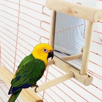 Macaw Parrot Perch Finch Garden Decoration Canary Bird Mirror Cockatiel Wood Toy Parrot Perch Stand Budgie Cage Decoration