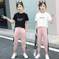 IENENS 2pc Summer Fashion Children Girls Outfits Sets Cotton T-shirt + Trousers Kids Baby Girl Casual Tops + Elastic Waist Long Pants Clothing