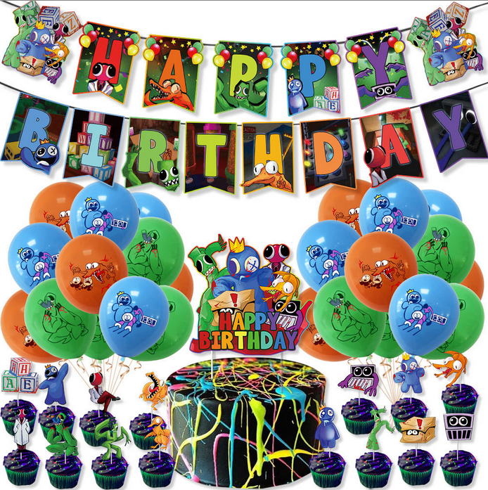 Rainbow friends party set happy birthday banner 12 inch balloons cake ...