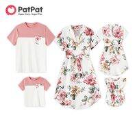 【YF】 PatPat Family Matching Outfits Allover Floral Print Notched Neck Belted Dresses and Short-sleeve Colorblock T-shirts Sets