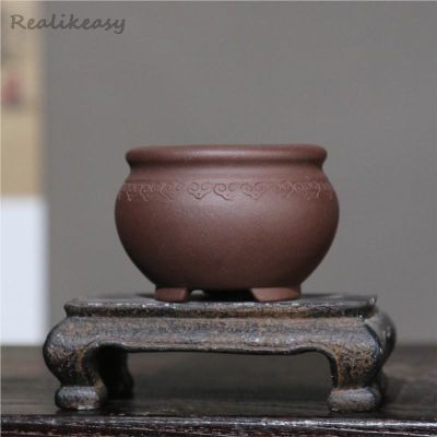 Chinese Purple Sand Round Flower Pot Bonsai Pot Yixing Antique Pot Zen Carving Small Pot Home Decorative Flower Pot With Holes