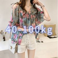 COD tjjs079 【40-100kg】Womens Elegant Plus Size Floral Blouse Korean Style V Neck Off Shoulder Flower Printed Tops Big SIze Casual Short Sleeve Floral Shirt Loose Fit Blouse Chiffon Blouse