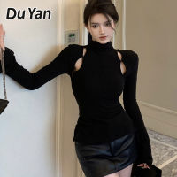 Du YAN 2023เสื้อยืดครึ่งคอกลมแขนยาวเข้ารูปพอดีขนาดใหญ่เอ็มเอ็มพิเศษสีทึบเสื้อเว้าผู้หญิง