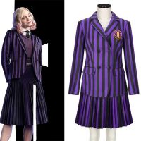 ۩ Girls Wednesday Enid Costume Teenagers Nevermore Academy Purple Striped School Uniform