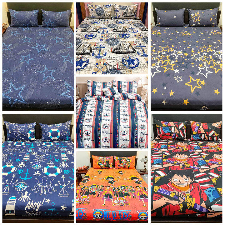 Printed Bed Sheet (Printed Canadian Cotton with 2 Pillowcase) Stars, Anime, One Piece, Anchor