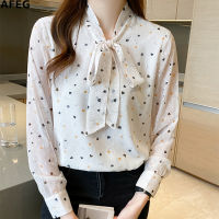 AFEG new Korean style bowknot fashion all-match printed chiffon long-sleeved blouse for women