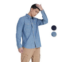 DAVIE JONES เสื้อเชิ้ตยีนส์ ผู้ชาย แขนยาว สีฟ้า สีกรม Long Sleeve Shirt in light blue navy SH0099NV LB