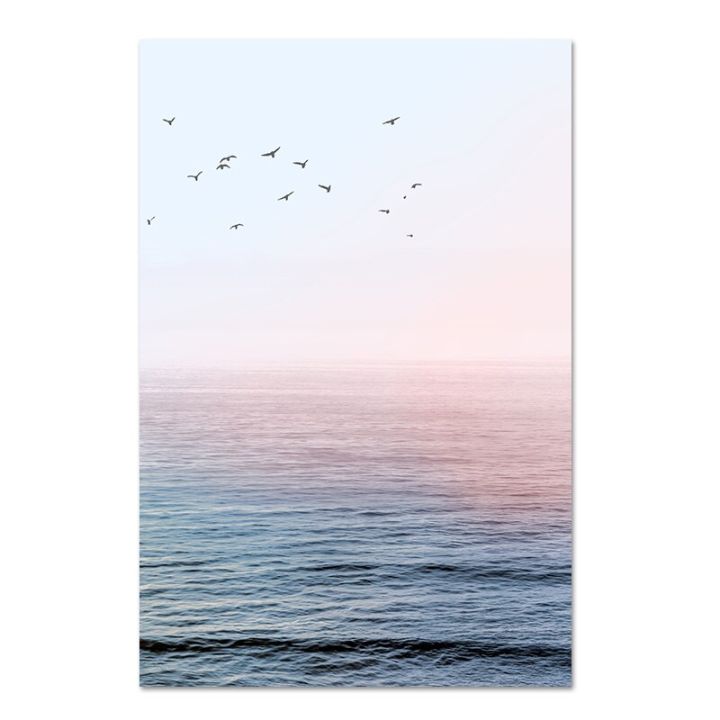 sunset-ocean-landscape-ภาพวาดผ้าใบโปสเตอร์-nordic-beach-surfing-wall-art-กับนกทะเล-รูปภาพสำหรับห้องนั่งเล่น-home-decor