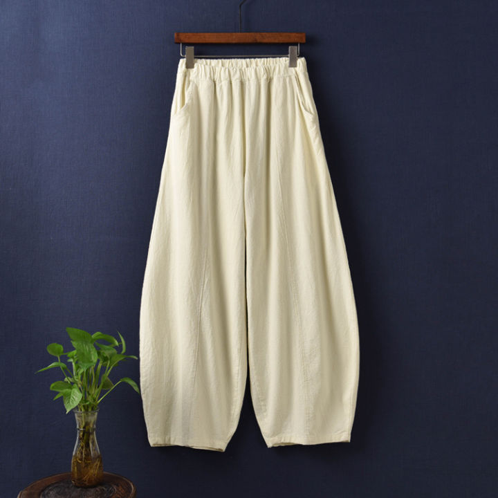 2021Johnature Casual Style Cotton Linen Women Pants 2021 Spring Summer New Elastic Waist Solid Color Women Vintage Wide Leg Pants